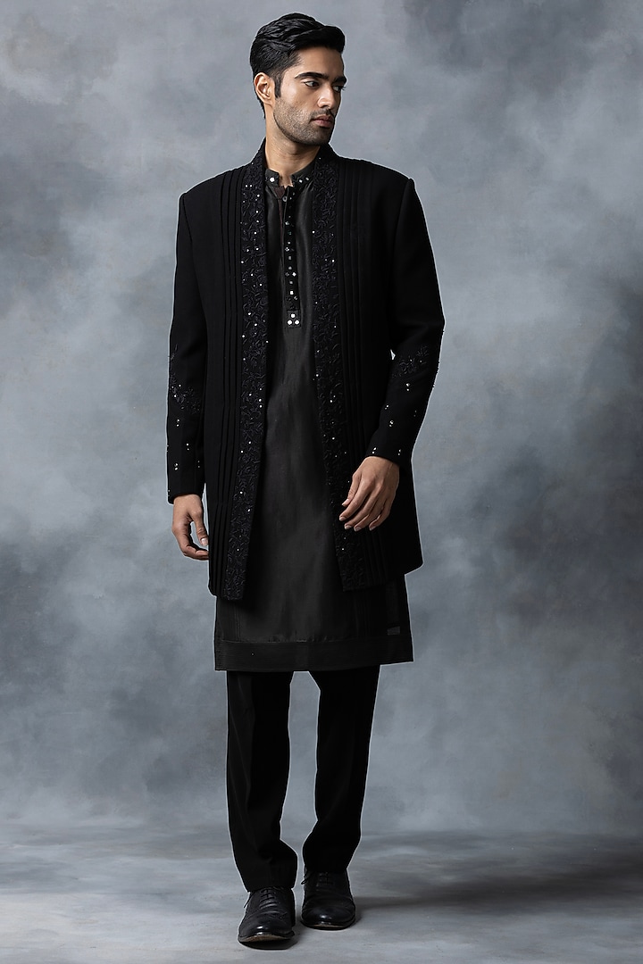 Black Knitted Fabric Wedding Indowestern Set by Sarab Khanijou at Pernia's Pop Up Shop