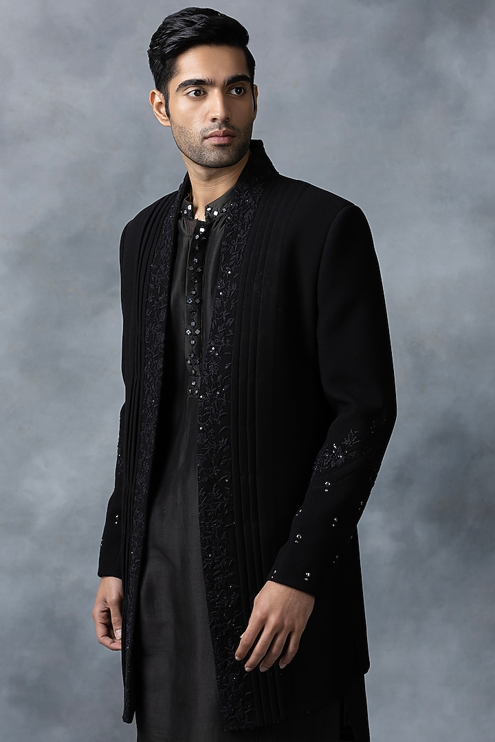 Black Knitted Fabric Wedding Indowestern Set by Sarab Khanijou at Pernia's Pop Up Shop