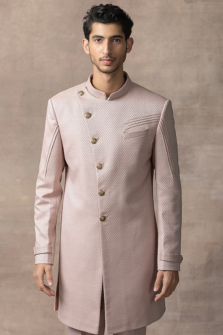 Dusty Rose Jacquard Wedding Indowestern Set by Sarab Khanijou at Pernia's Pop Up Shop