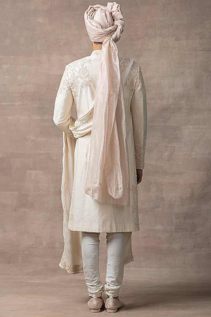 Cream Organza & Kota Embroidered Groom Sherwani Set by Sarab Khanijou at Pernia's Pop Up Shop