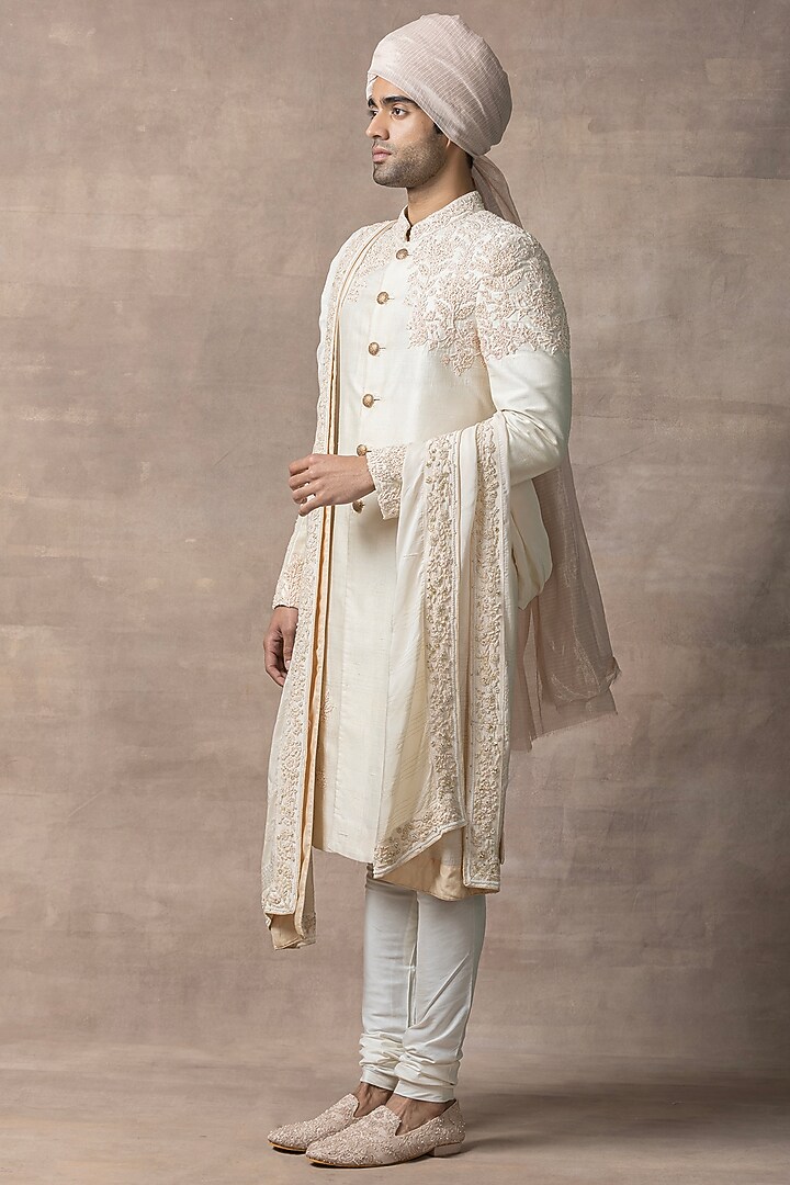 Cream Organza & Kota Embroidered Groom Sherwani Set by Sarab Khanijou at Pernia's Pop Up Shop