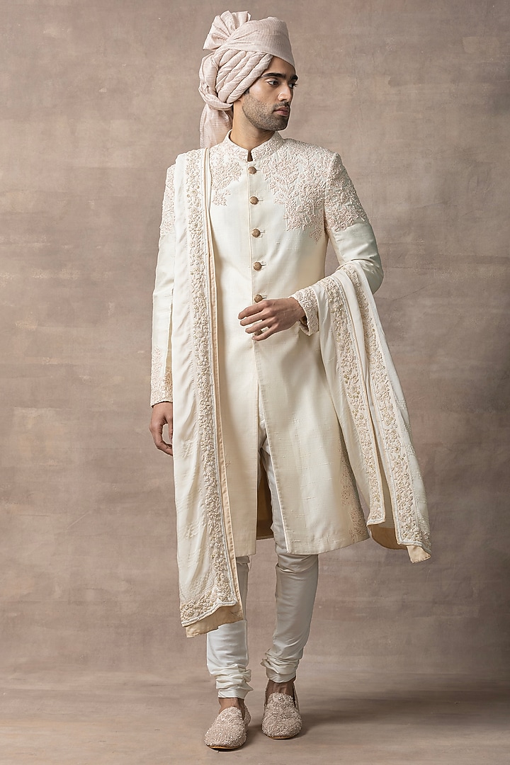 Cream Organza & Kota Embroidered Groom Sherwani Set by Sarab Khanijou at Pernia's Pop Up Shop