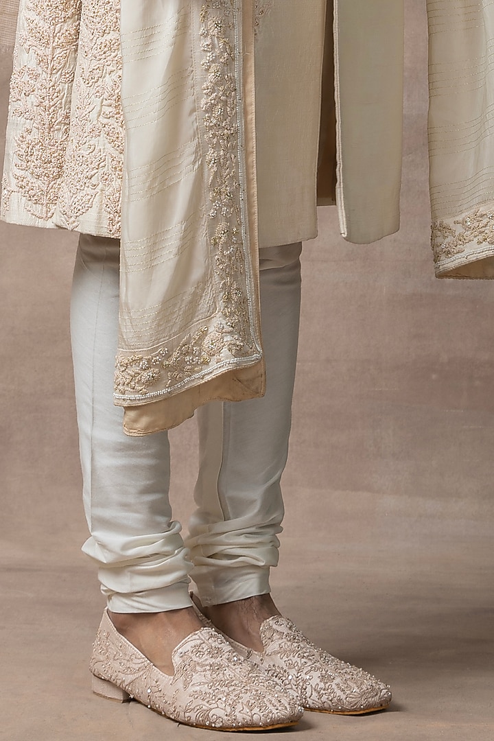 Cream Organza & Kota Embroidered Groom Sherwani Set by Sarab Khanijou at Pernia's Pop Up Shop