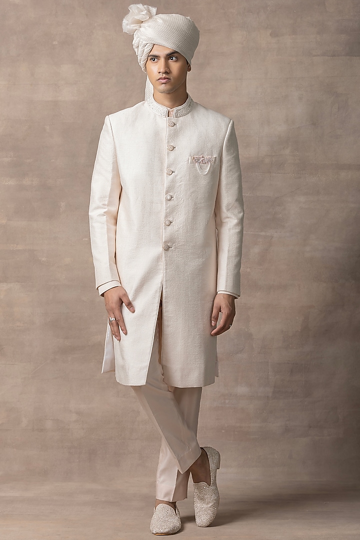 Rose Gold Silk Wedding Sherwani Set by Sarab Khanijou at Pernia's Pop Up Shop