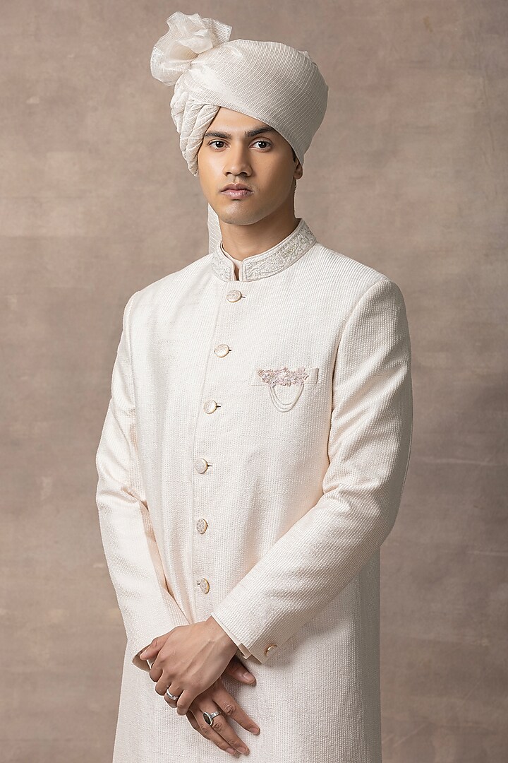 Rose Gold Silk Wedding Sherwani Set by Sarab Khanijou at Pernia's Pop Up Shop