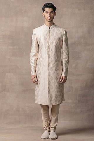Peach Banarasi Silk Sherwani Set by Sarab Khanijou