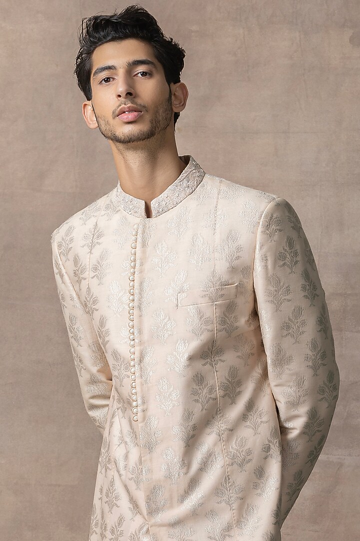 Peach Banarasi Silk Wedding Sherwani Set by Sarab Khanijou at Pernia's Pop Up Shop