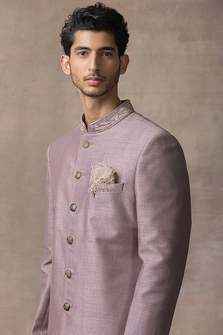 Lavender Organza & Kota Silk Threadwork Wedding Sherwani Set by Sarab Khanijou at Pernia's Pop Up Shop