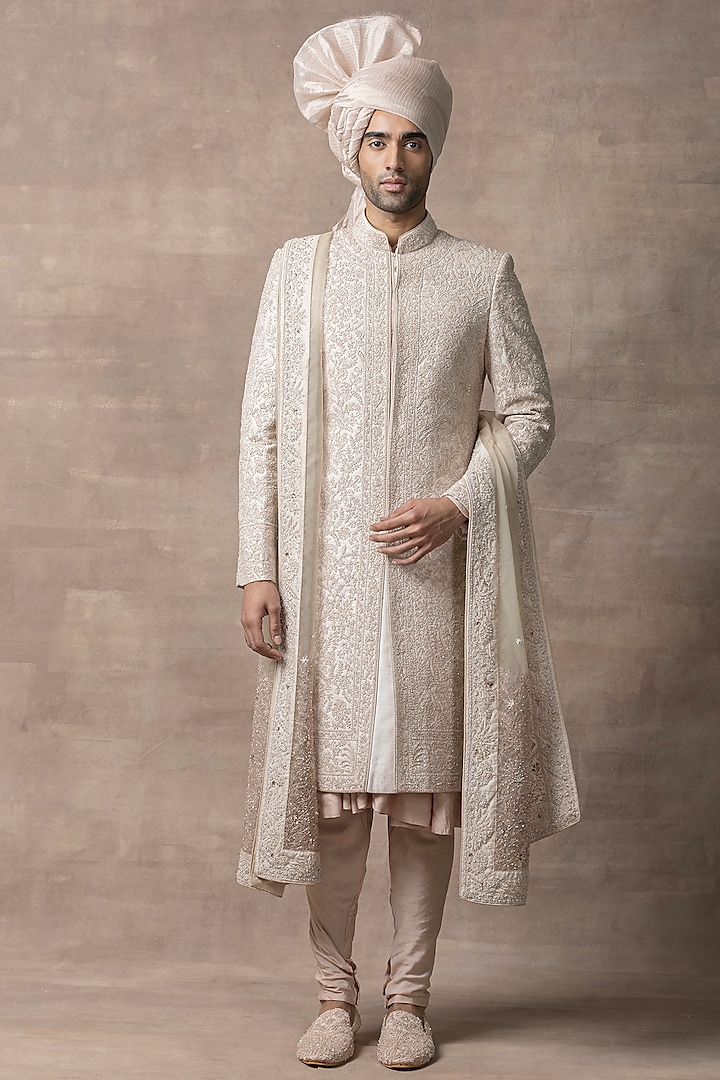 Dusty Rose Organza & Kota Embroidered Sherwani Set by Sarab Khanijou