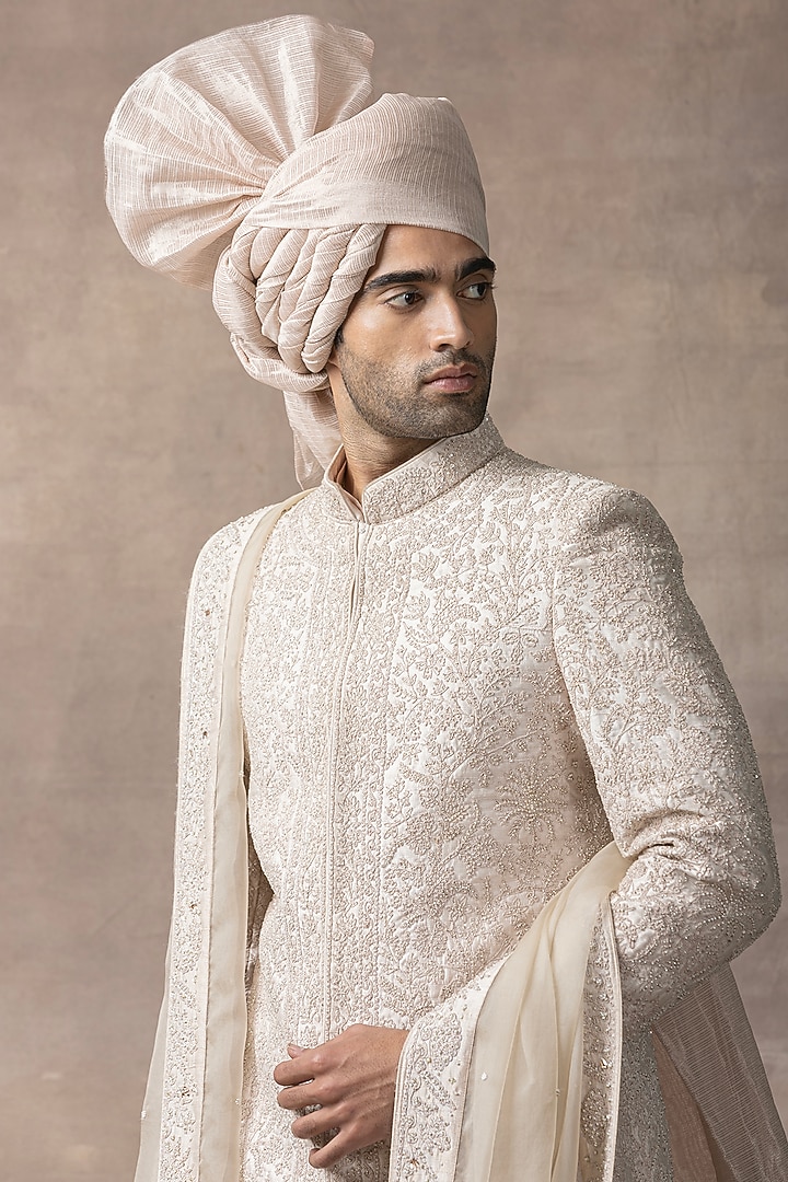 Dusty Rose Organza & Kota Embroidered Groom Sherwani Set by Sarab Khanijou at Pernia's Pop Up Shop