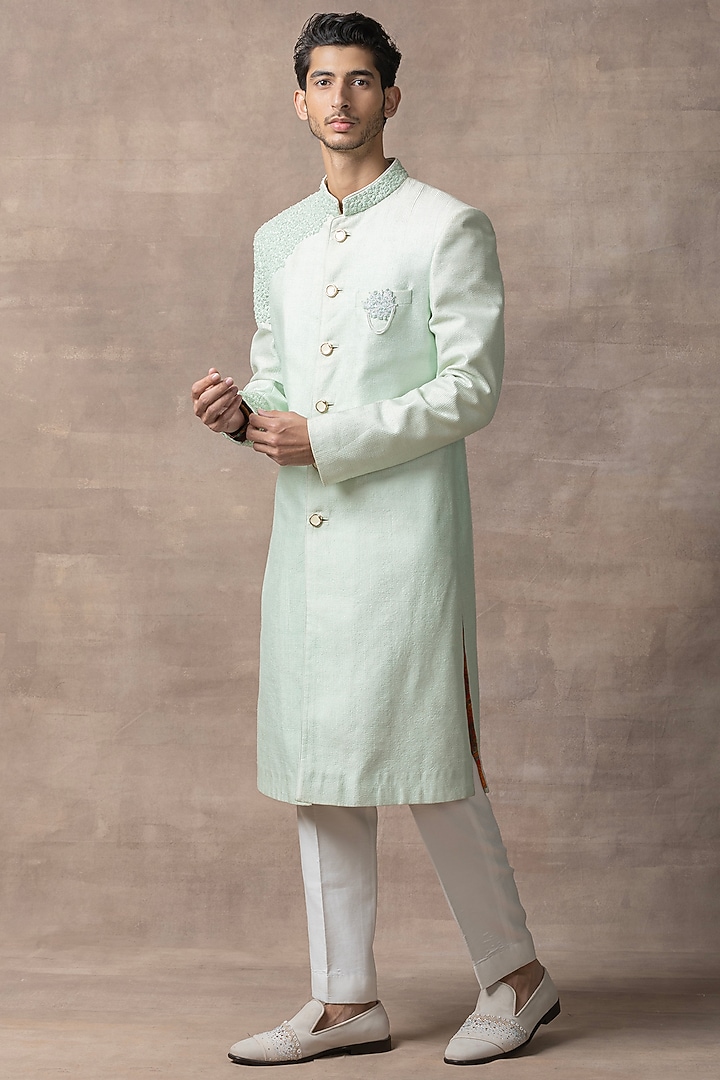 Light Green Organza & Kota Pearl Work Groom Sherwani Set by Sarab Khanijou at Pernia's Pop Up Shop