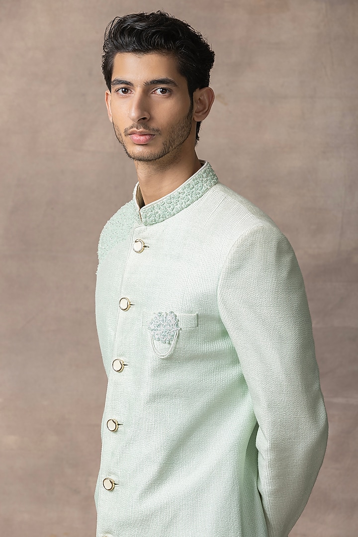 Light Green Organza & Kota Pearl Work Groom Sherwani Set by Sarab Khanijou at Pernia's Pop Up Shop