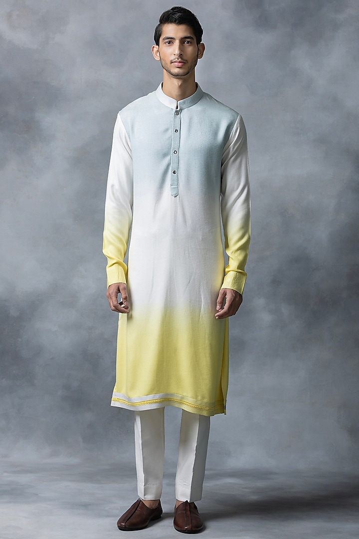 Yellow Moss Crepe Ombre Kurta Set  by Sarab Khanijou