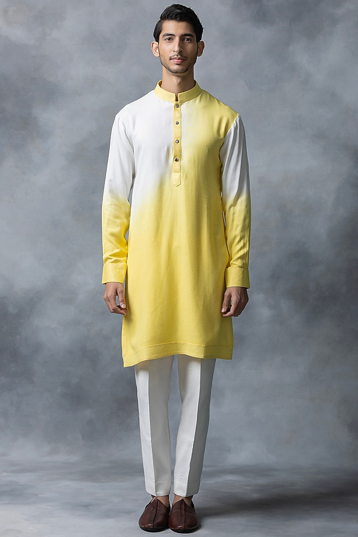 Off-White & Yellow Ombre Moss Crepe Kurta Set by Sarab Khanijou at Pernia's Pop Up Shop