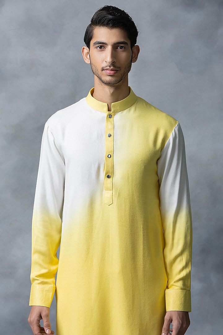 Off-White & Yellow Ombre Moss Crepe Kurta Set by Sarab Khanijou at Pernia's Pop Up Shop