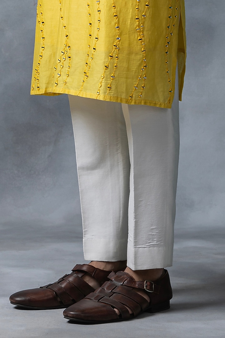 Yellow Cotton Silk Mirror Work Kurta Set by Sarab Khanijou at Pernia's Pop Up Shop