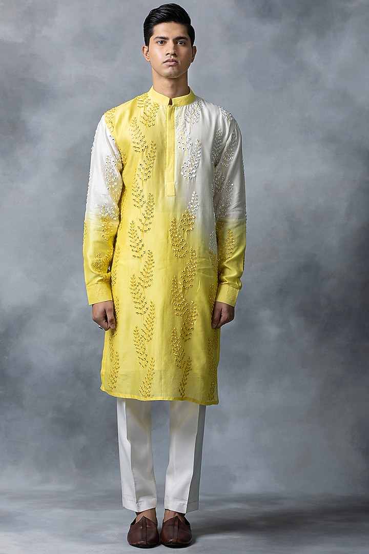 Yellow & White Cotton Silk Mirror Work Kurta Set by Sarab Khanijou at Pernia's Pop Up Shop