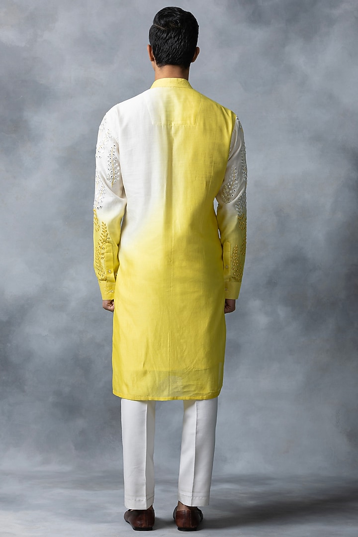 Yellow & White Cotton Silk Mirror Work Kurta Set by Sarab Khanijou at Pernia's Pop Up Shop