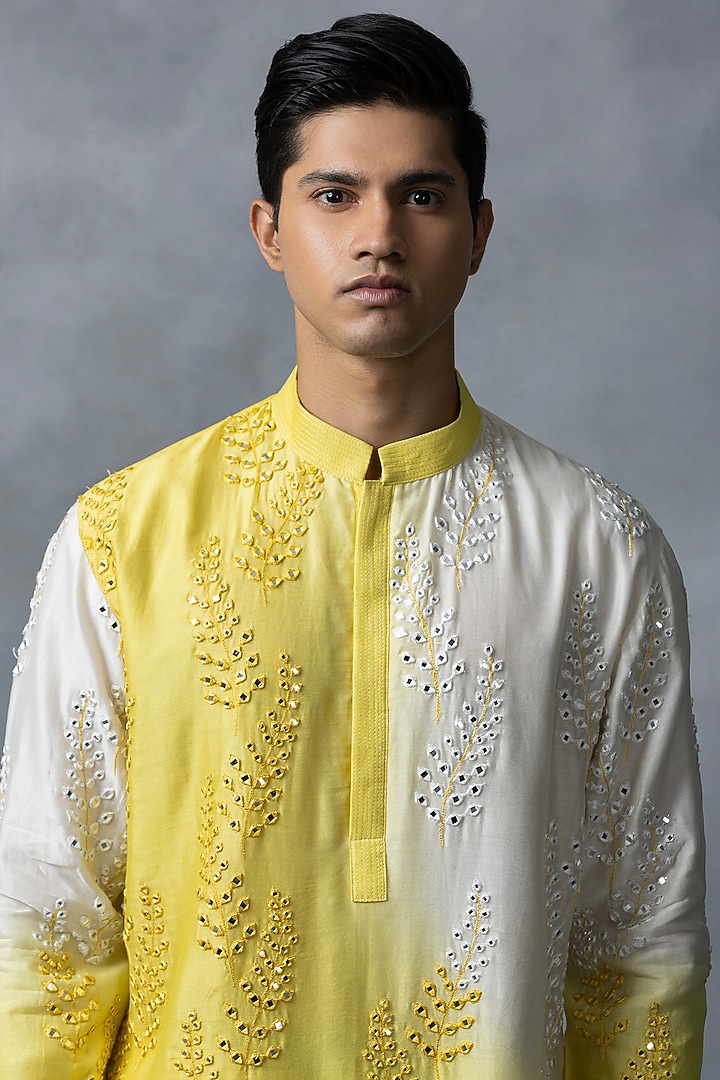 Yellow & White Cotton Silk Mirror Work Kurta Set by Sarab Khanijou at Pernia's Pop Up Shop