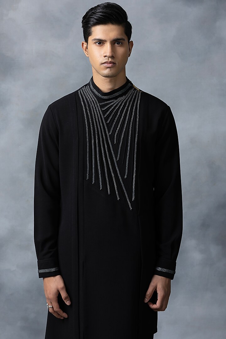 Black Sandwash Kurta Set by Sarab Khanijou at Pernia's Pop Up Shop