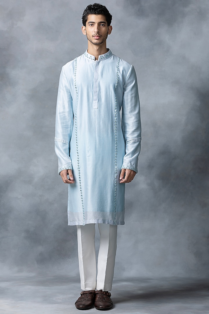 Sky Blue Chanderi Silk Embroidered Kurta Set by Sarab Khanijou