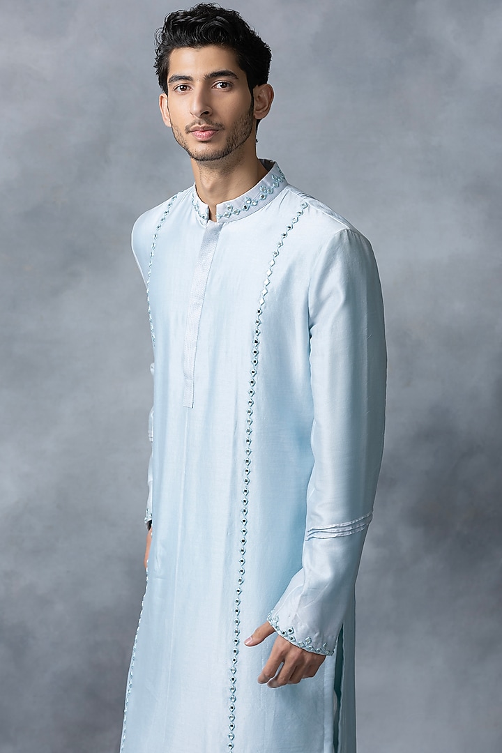 Sky Blue Chanderi Silk Embroidered Kurta Set by Sarab Khanijou at Pernia's Pop Up Shop