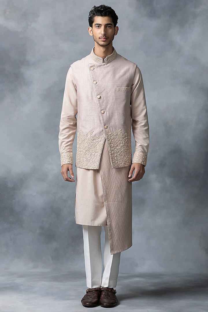Dusty Rose Raw Silk & Chanderi Silk Nehru Jacket Set by Sarab Khanijou