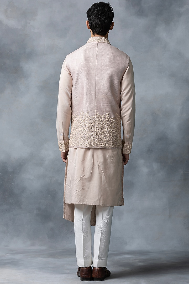 Dusty Rose Raw Silk & Chanderi Silk Nehru Jacket Set by Sarab Khanijou at Pernia's Pop Up Shop