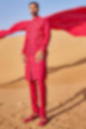 Hot Pink Silk Waistcoat With Kurta Set by Sarab Khanijou