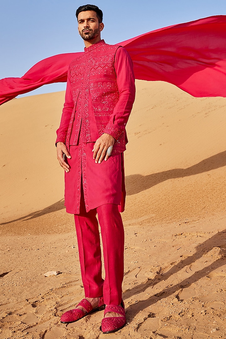 Hot Pink Silk Waistcoat With Kurta Set by Sarab Khanijou