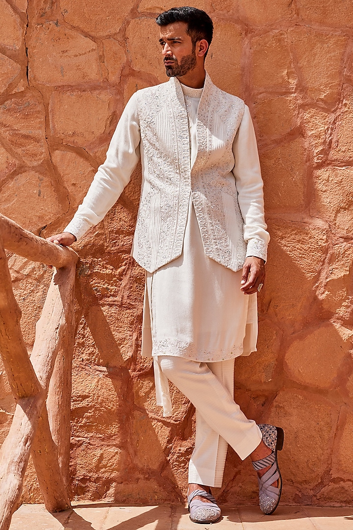 Ivory Silk Waistcoat With Kurta Set by Sarab Khanijou