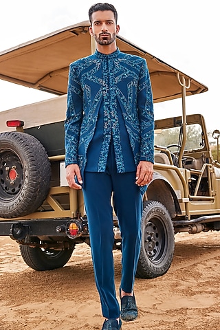 Teal Blue Sandwash Bandhgala Jacket Set by Sarab Khanijou