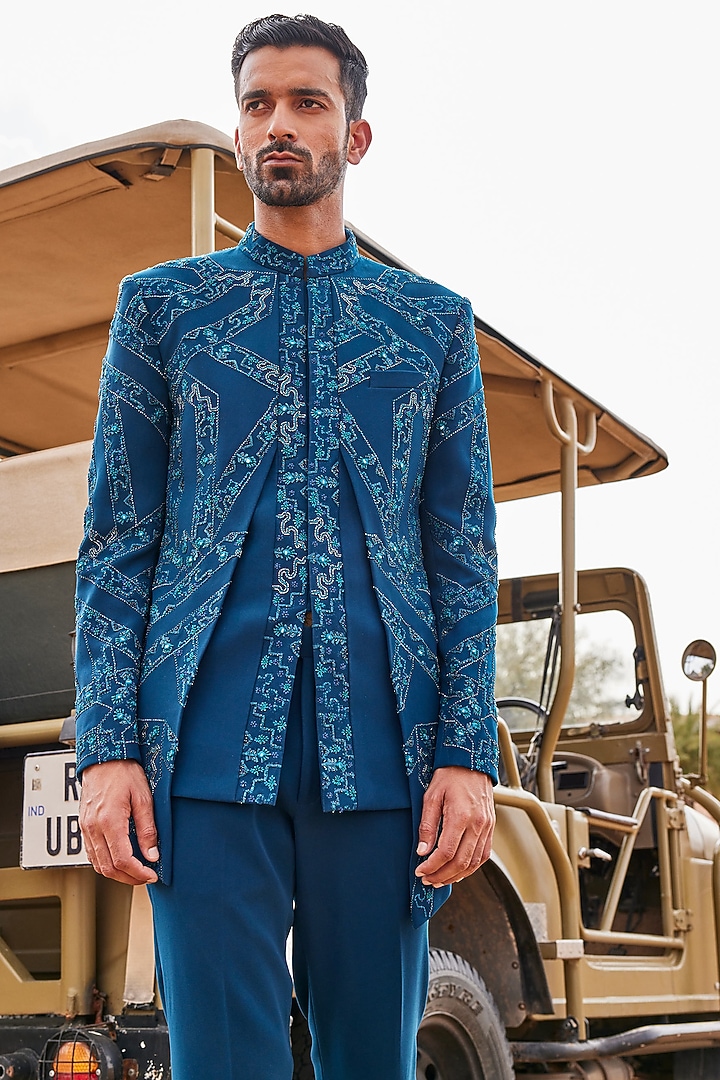 Teal Blue Sandwash Groom Bandhgala Jacket Set by Sarab Khanijou at Pernia's Pop Up Shop