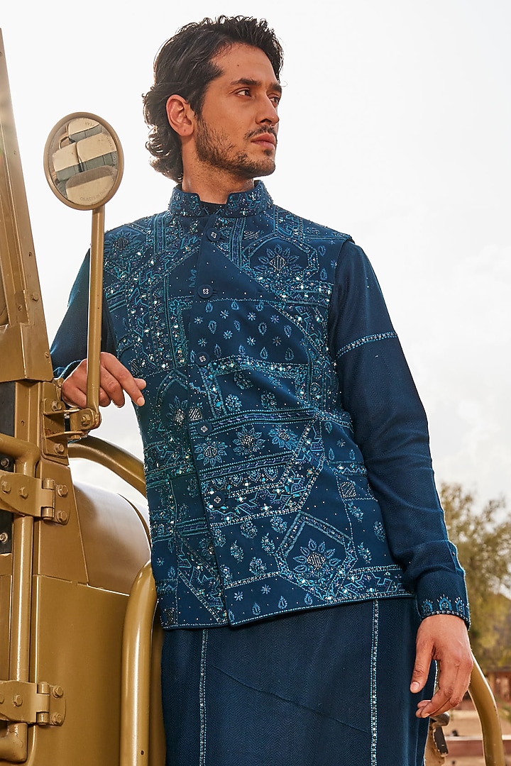 Teal Blue Silk Pearl Work Bundi Jacket Set by Sarab Khanijou at Pernia's Pop Up Shop