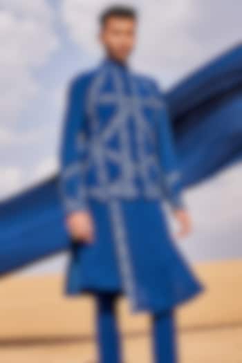Indigo Blue Silk & Sandwash Waistcoat With Kurta Set by Sarab Khanijou