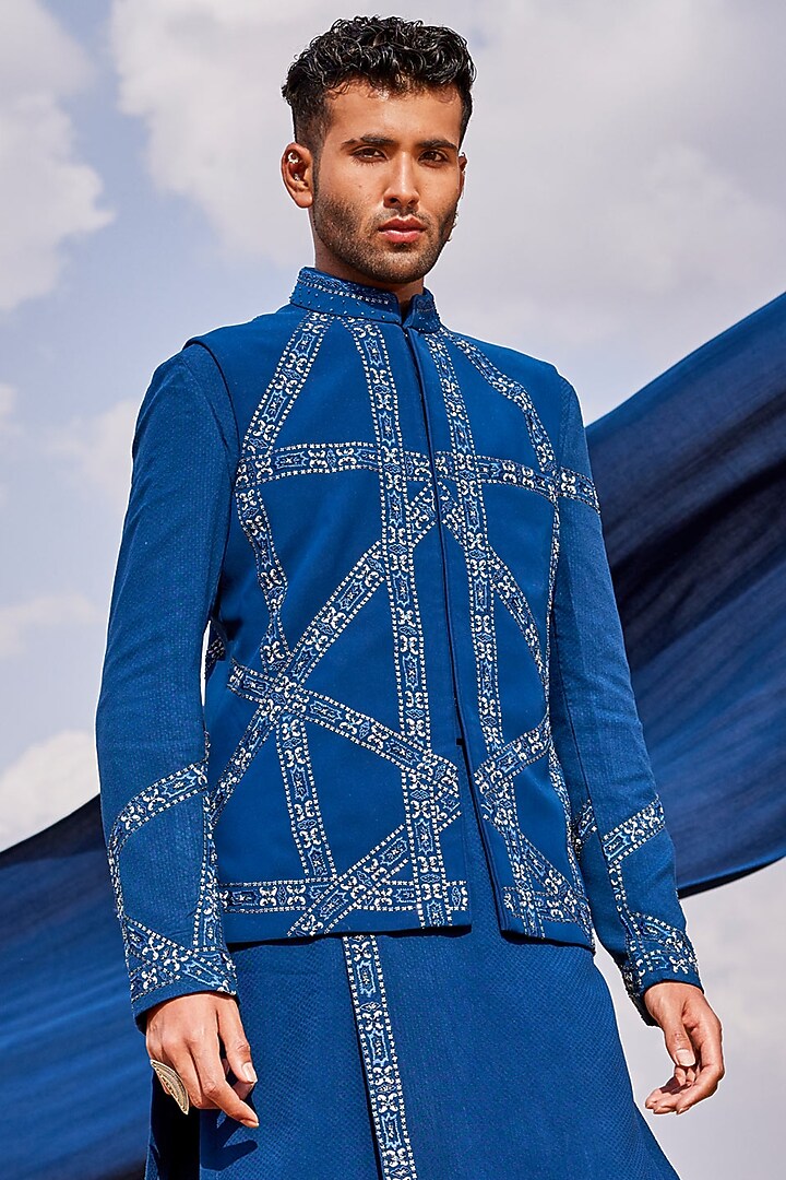 Red Silk & Dobby Bundi Jacket Set by Sarab Khanijou at Pernia's Pop Up Shop