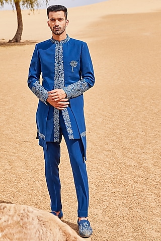 Indigo Blue Sandwash Indowestern Set by Sarab Khanijou