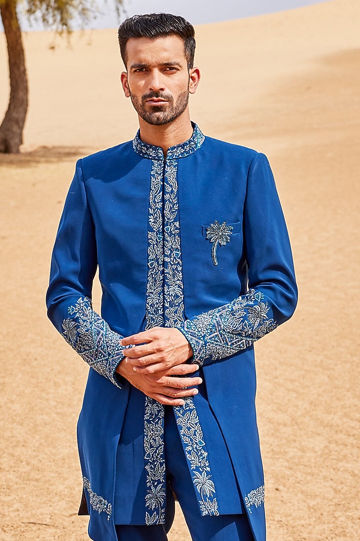 Indigo Blue Sandwash Groom Indowestern Set by Sarab Khanijou at Pernia's Pop Up Shop