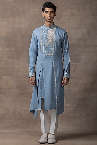 Blue Crepe Embroidered Kurta Set by Sarab Khanijou