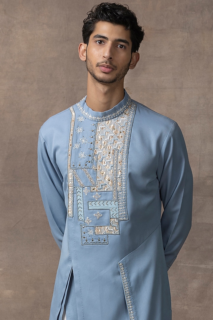 Blue Crepe Embroidered Kurta Set by Sarab Khanijou at Pernia's Pop Up Shop