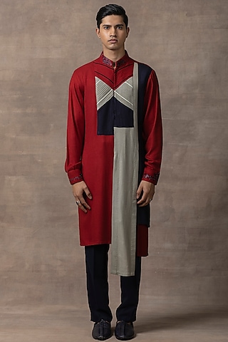 Red Moss Crepe Color Blocked Kurta Set by Sarab Khanijou