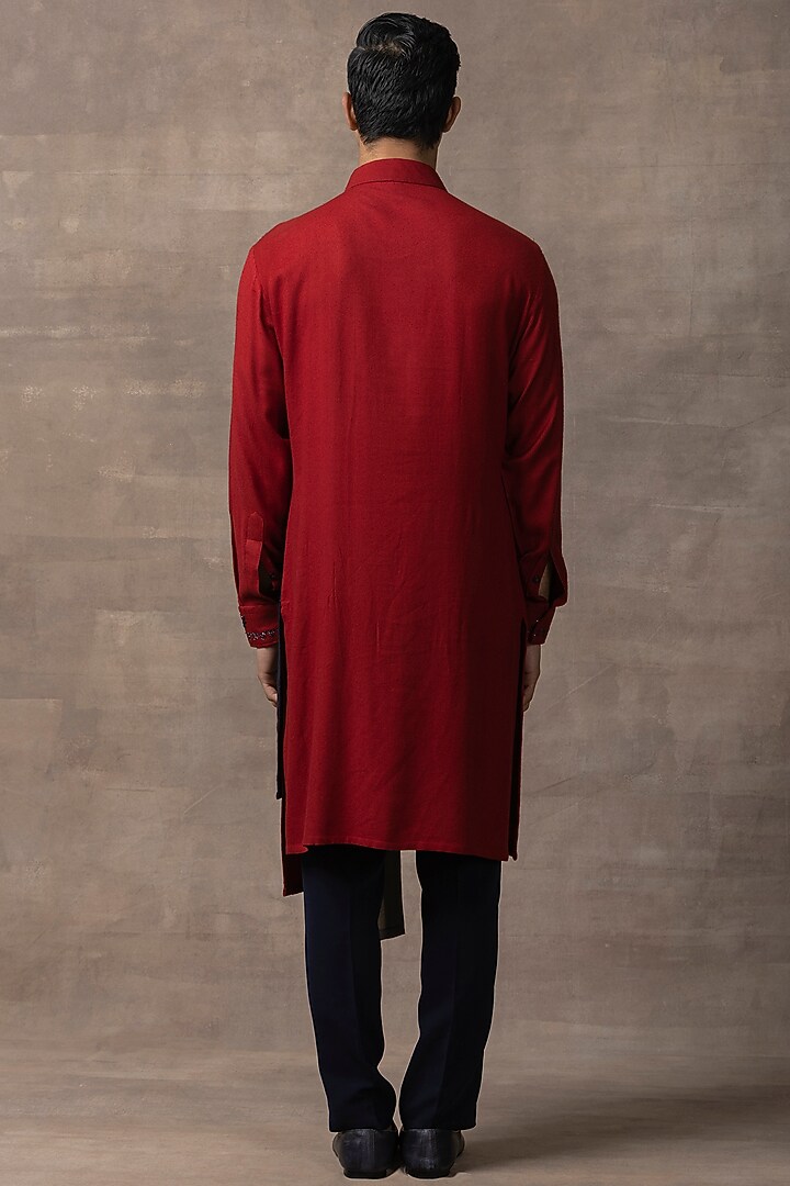 Red Moss Crepe Color Blocked Kurta Set by Sarab Khanijou at Pernia's Pop Up Shop