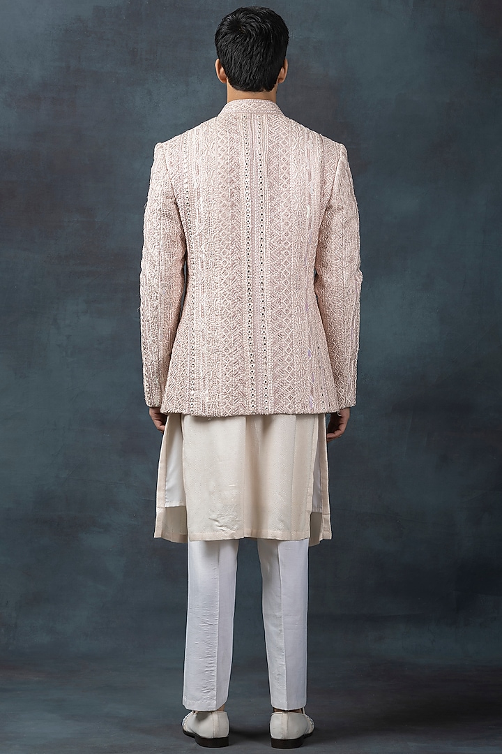 Dusty Rose Moss Crepe & Organza Thread Embroidered Jacket Set by Sarab Khanijou at Pernia's Pop Up Shop