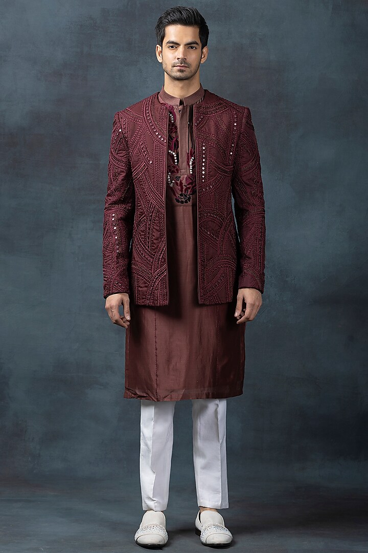 Wine Chanderi Silk & Organza Embroidered Jacket Set by Sarab Khanijou