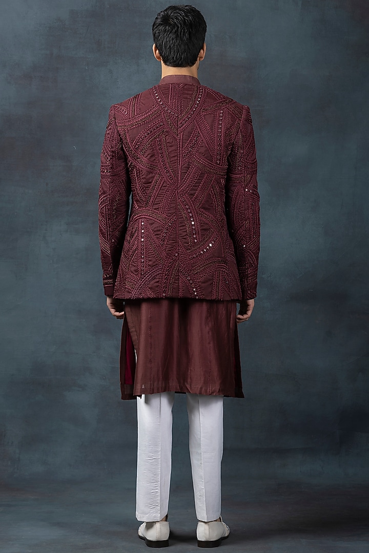 Wine Chanderi Silk & Organza Embroidered Jacket Set by Sarab Khanijou at Pernia's Pop Up Shop