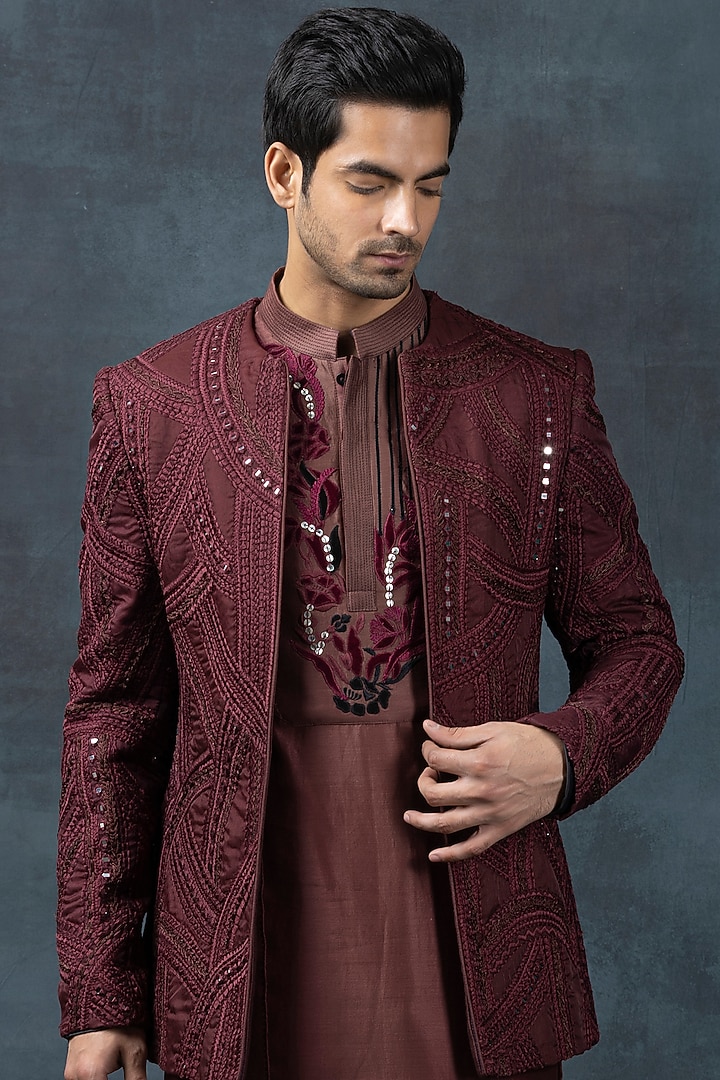 Wine Chanderi Silk & Organza Embroidered Jacket Set by Sarab Khanijou at Pernia's Pop Up Shop