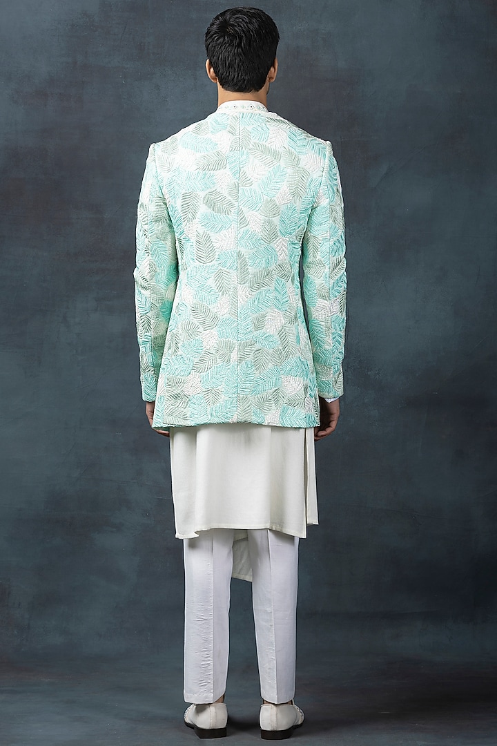 Aqua Blue Moss Crepe & Organza Embroidered Bandhgala Set by Sarab Khanijou at Pernia's Pop Up Shop