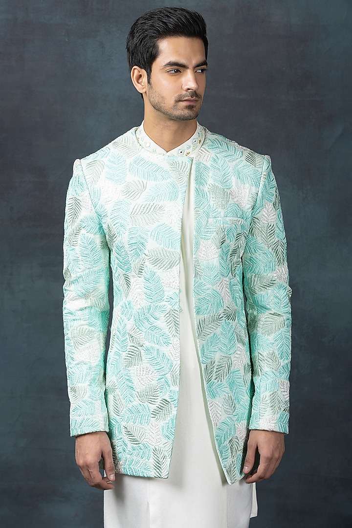 Aqua Blue Moss Crepe & Organza Embroidered Bandhgala Set by Sarab Khanijou at Pernia's Pop Up Shop