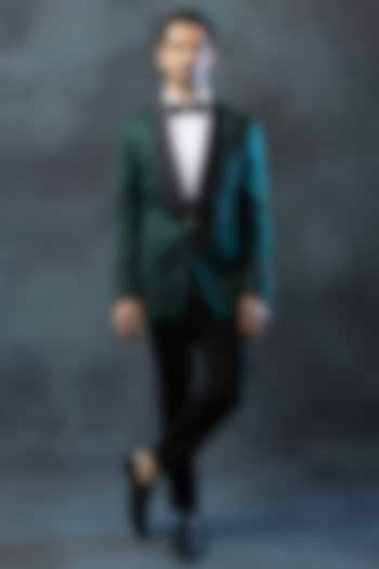 Dark Green Suiting Fabric Embroidered Tuxedo Set by Sarab Khanijou