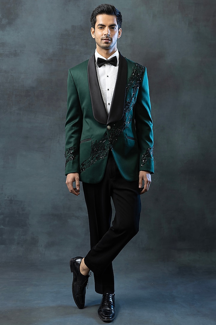 Dark Green Suiting Fabric Embroidered Tuxedo Set by Sarab Khanijou